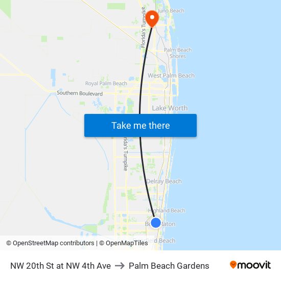 NW 20th St at NW 4th Ave to Palm Beach Gardens map