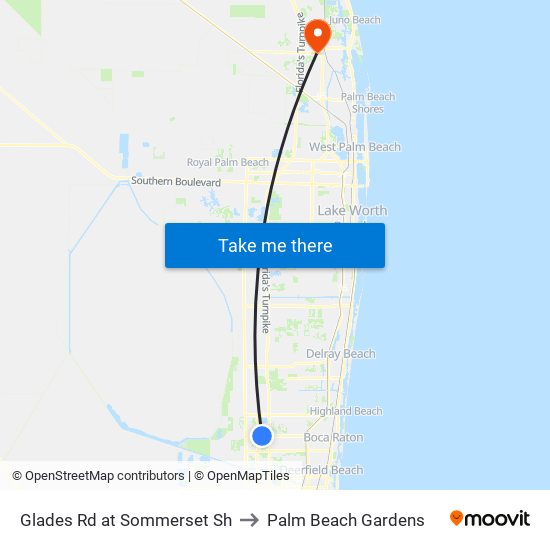 Glades Rd at Sommerset Sh to Palm Beach Gardens map