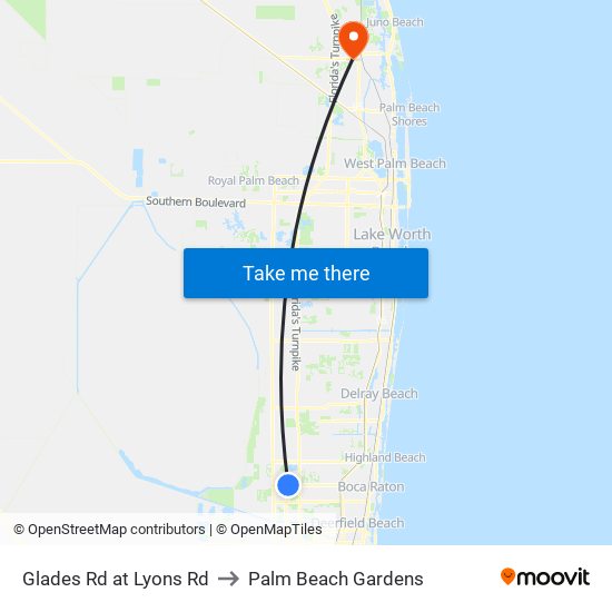 GLADES RD at LYONS RD to Palm Beach Gardens map