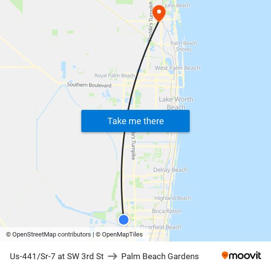 Us-441/Sr-7 at SW 3rd St to Palm Beach Gardens map