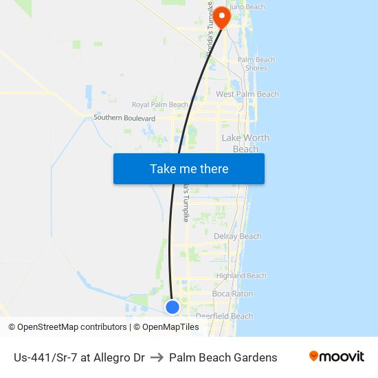 Us-441/Sr-7 at Allegro Dr to Palm Beach Gardens map