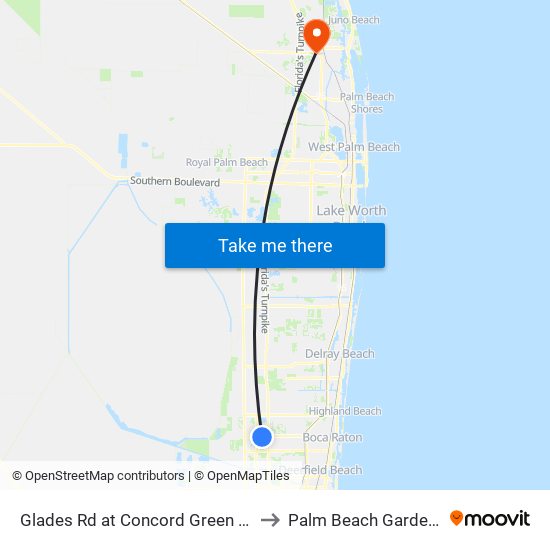 Glades Rd at Concord Green Cir to Palm Beach Gardens map