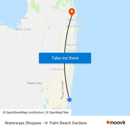 Waterways Shoppes to Palm Beach Gardens map