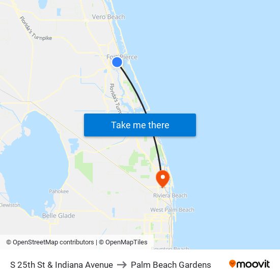 S 25th St & Indiana Avenue to Palm Beach Gardens map