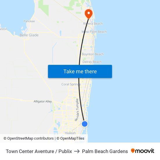 Town Center Aventure / Publix to Palm Beach Gardens map