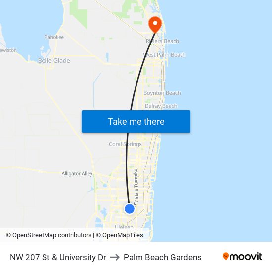 NW 207 St & University Dr to Palm Beach Gardens map