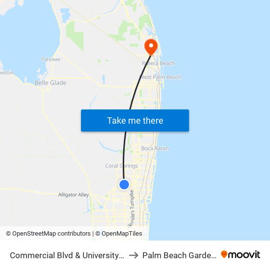 Commercial Blvd & University Dr to Palm Beach Gardens map