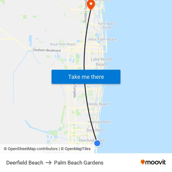 Deerfield Beach to Palm Beach Gardens map