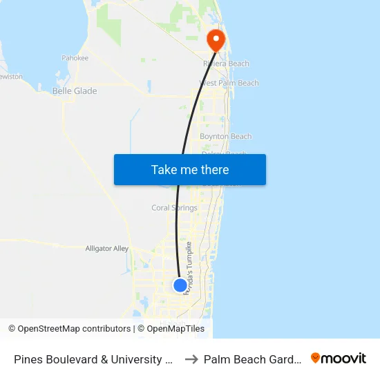 Pines Boulevard & University Drive to Palm Beach Gardens map