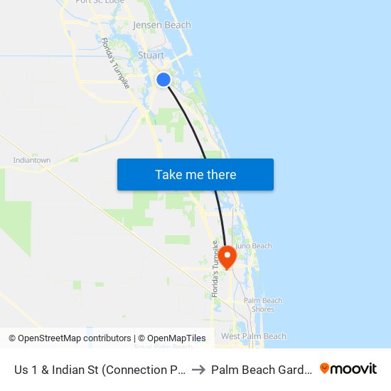 Us 1 & Indian St (Connection Point) to Palm Beach Gardens map
