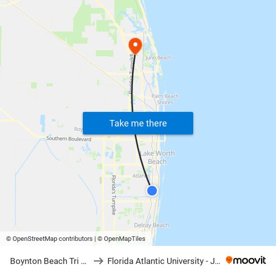 Boynton Beach Tri Rail Station to Florida Atlantic University - Jupiter Campus map