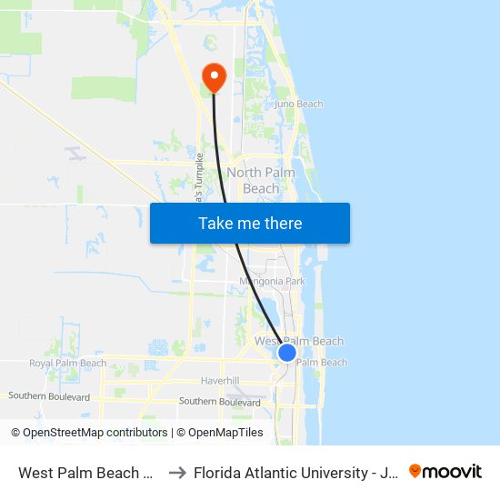 West Palm Beach Bus Station to Florida Atlantic University - Jupiter Campus map