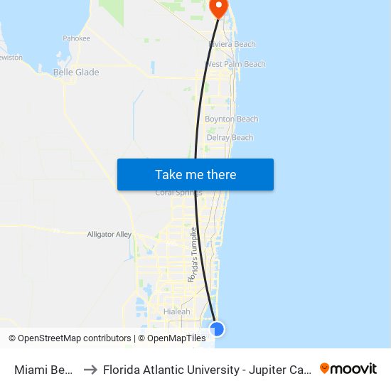 Miami Beach to Florida Atlantic University - Jupiter Campus map