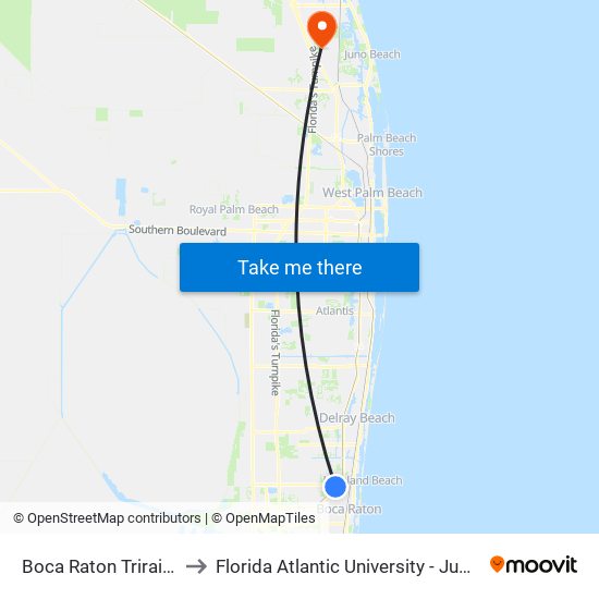 Boca Raton Trirail Station to Florida Atlantic University - Jupiter Campus map