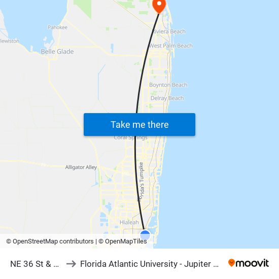 NE 36 St & 2 Av to Florida Atlantic University - Jupiter Campus map