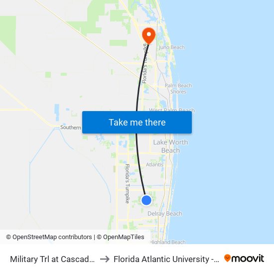 Military Trl at Cascades Lakes Blvd to Florida Atlantic University - Jupiter Campus map