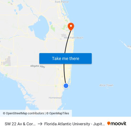 SW 22 Av & Coral Way to Florida Atlantic University - Jupiter Campus map