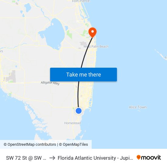 SW 72 St @ SW 107 Av to Florida Atlantic University - Jupiter Campus map