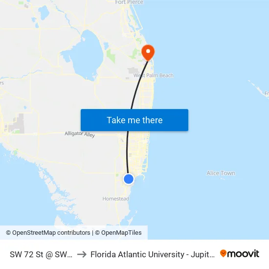 SW 72 ST @ SW 87 AV to Florida Atlantic University - Jupiter Campus map