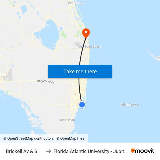 Brickell Av & SE 12 St to Florida Atlantic University - Jupiter Campus map