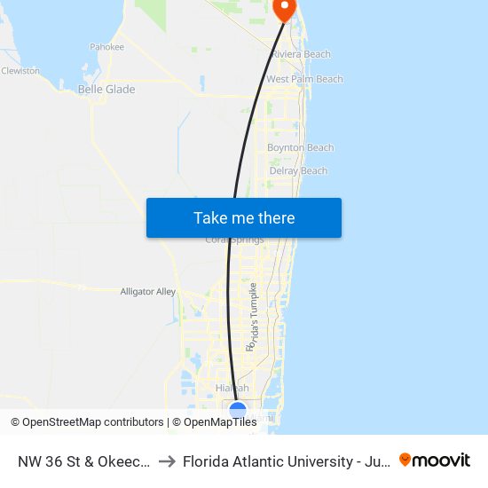 NW 36 St & Okeechobee Rd to Florida Atlantic University - Jupiter Campus map