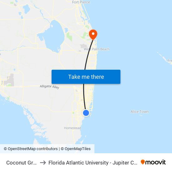 Coconut Grove to Florida Atlantic University - Jupiter Campus map