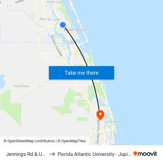 Jennings Rd & Us Hwy 1 to Florida Atlantic University - Jupiter Campus map