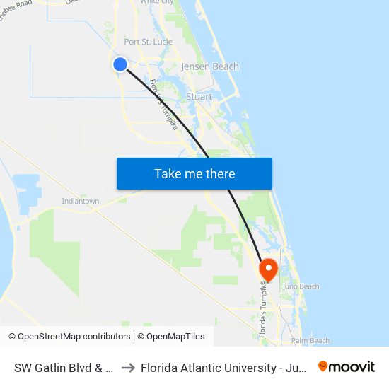 SW Gatlin Blvd & Walmart to Florida Atlantic University - Jupiter Campus map
