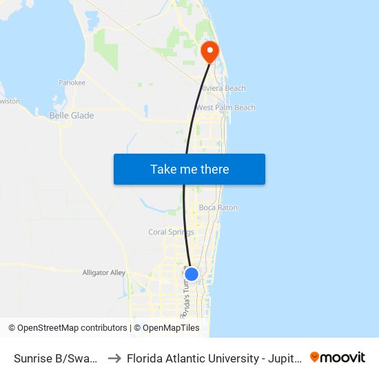 Sunrise B/Swap Shop to Florida Atlantic University - Jupiter Campus map