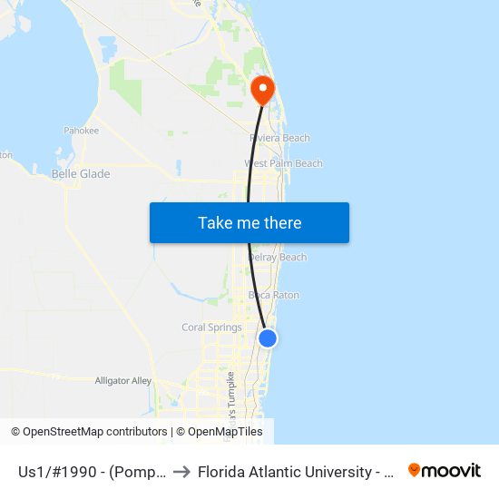 Us1/#1990 - (Pompano Beach) to Florida Atlantic University - Jupiter Campus map