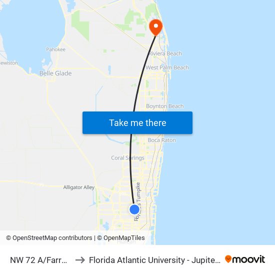 NW 72 A/FARRAGUT S to Florida Atlantic University - Jupiter Campus map