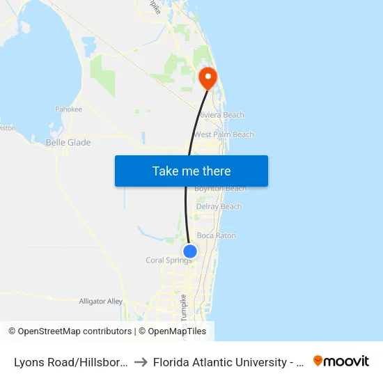 Lyons Road/Hillsboro Boulevard to Florida Atlantic University - Jupiter Campus map