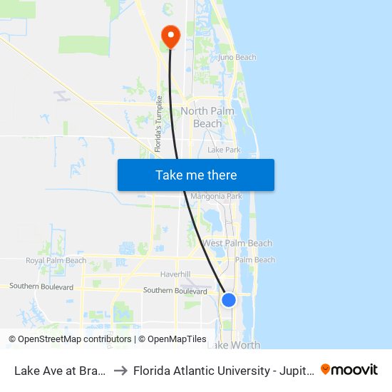 LAKE AVE at BRADELY ST to Florida Atlantic University - Jupiter Campus map