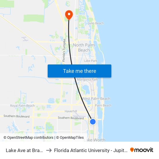 Lake Ave at Bradley St to Florida Atlantic University - Jupiter Campus map