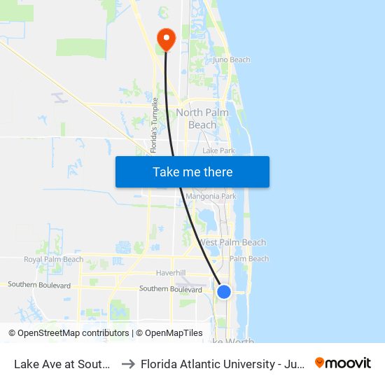 Lake Ave at Southern Blvd to Florida Atlantic University - Jupiter Campus map