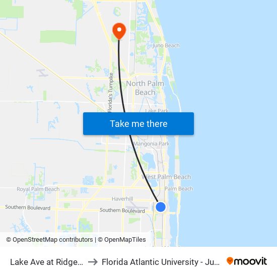 Lake Ave at Ridgewood Dr to Florida Atlantic University - Jupiter Campus map