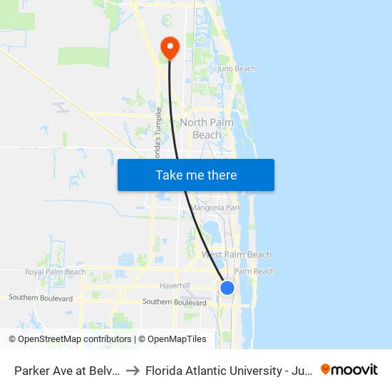 Parker Ave at Belvedere Rd to Florida Atlantic University - Jupiter Campus map