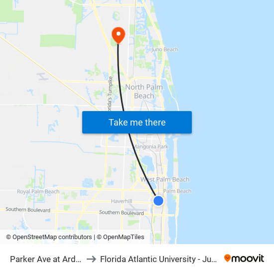 Parker Ave at Ardmore Rd to Florida Atlantic University - Jupiter Campus map