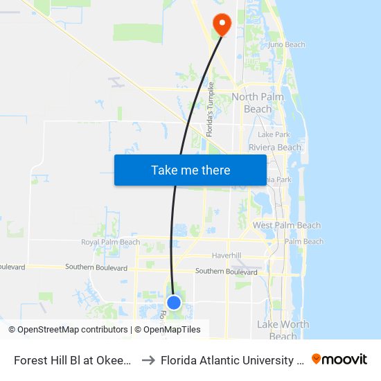 Forest Hill Bl at Okeeheelee Pk Rd W to Florida Atlantic University - Jupiter Campus map