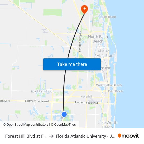 Forest Hill Blvd at FL Turnpike to Florida Atlantic University - Jupiter Campus map