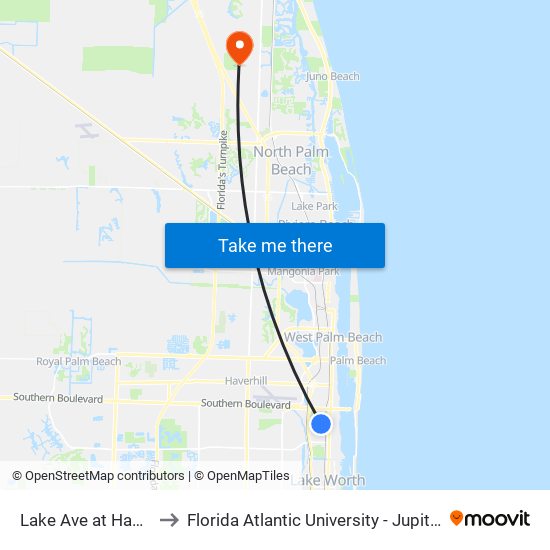 Lake Ave at Hansen St to Florida Atlantic University - Jupiter Campus map