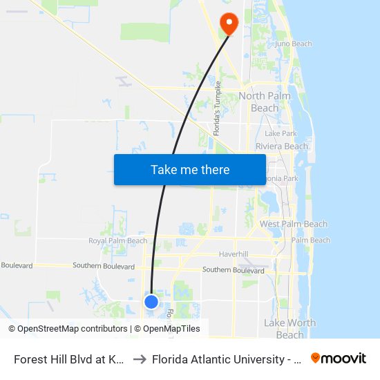 Forest Hill Blvd at Koboskos Plz to Florida Atlantic University - Jupiter Campus map