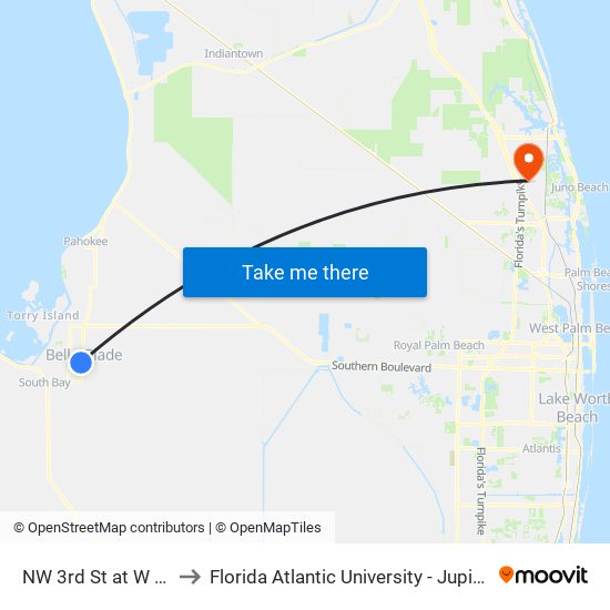 NW 3rd St at W Av A St to Florida Atlantic University - Jupiter Campus map