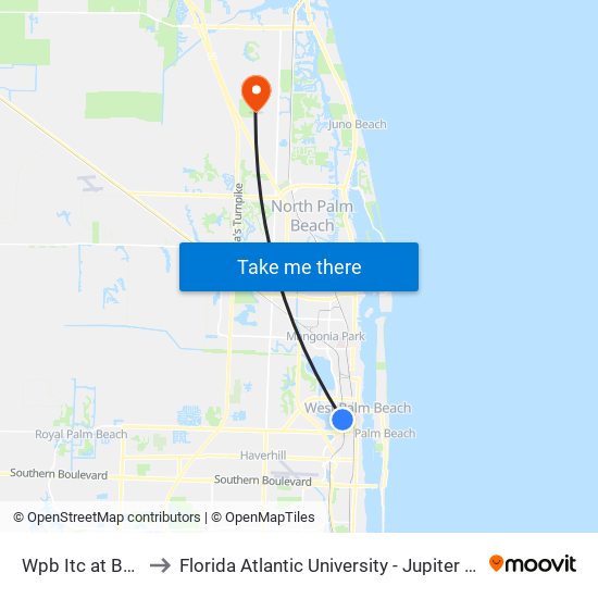 Wpb Itc at Bay M to Florida Atlantic University - Jupiter Campus map