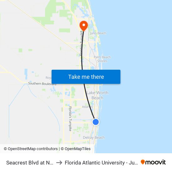 Seacrest Blvd at  NE 4th Ave to Florida Atlantic University - Jupiter Campus map