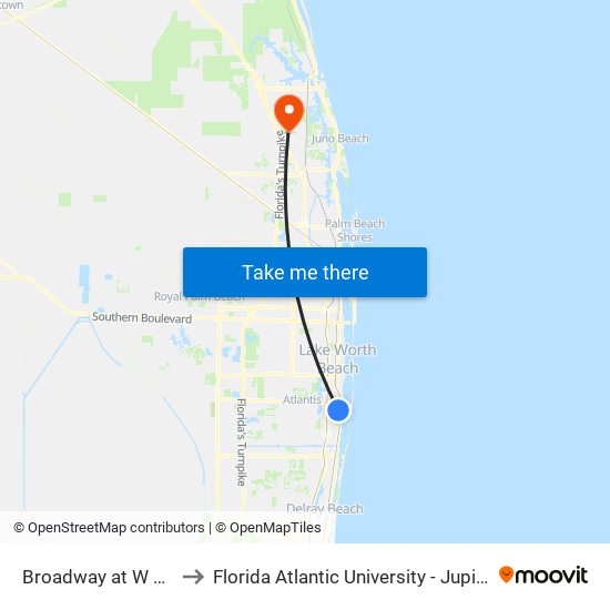 Broadway at W Perry St to Florida Atlantic University - Jupiter Campus map