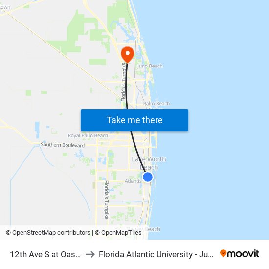12th Ave S at Oasis Health to Florida Atlantic University - Jupiter Campus map