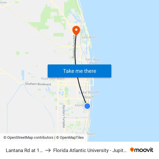 Lantana Rd at 13th St to Florida Atlantic University - Jupiter Campus map