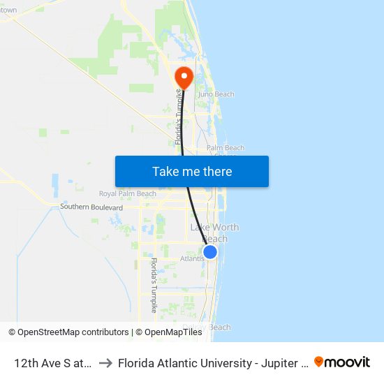 12th Ave S at A St to Florida Atlantic University - Jupiter Campus map