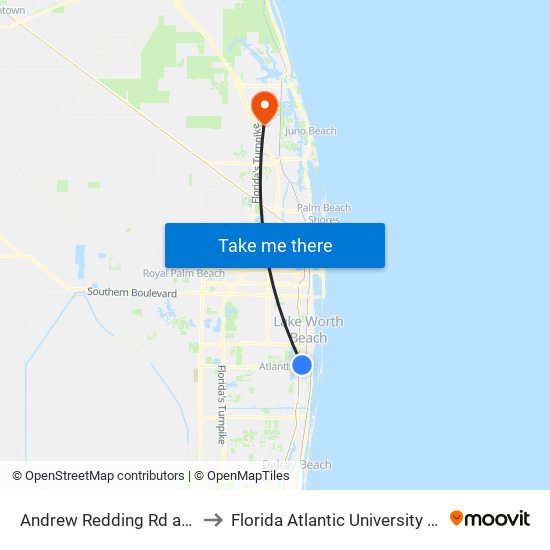 Andrew Redding Rd at Date Palm Dr to Florida Atlantic University - Jupiter Campus map